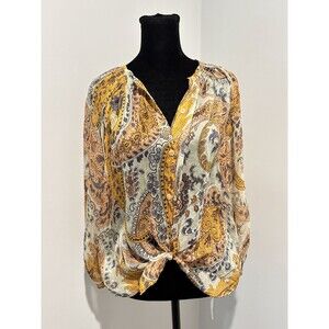 TUCKER Yellow Cream Paisley Silk Boho Peasant Button Front L/S Blouse Top Medium